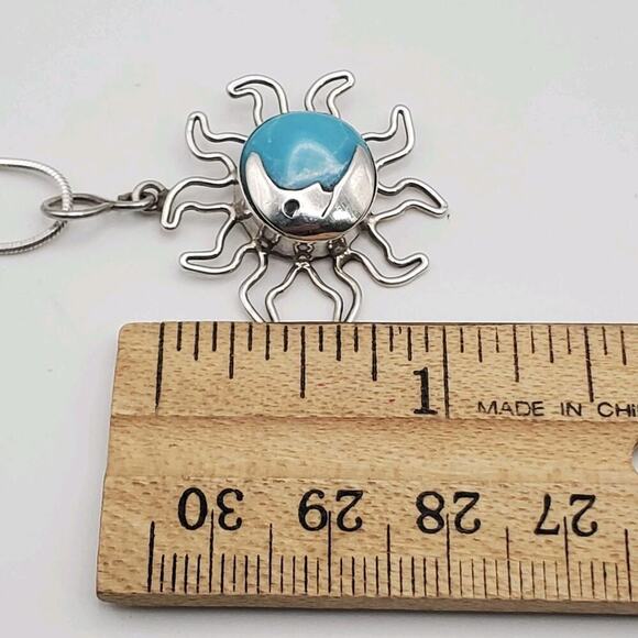 Sterling Silver Larimar Sun Moon Pendant 23" Snake Chain Necklace Made in Mexico - Picture 10 of 12